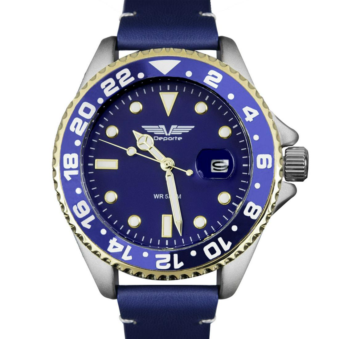 Deporte Pacific Men's Diver Style 42mm Case Watch: Main Features: Luminescent white hands with a Blue leather stap, Silver Case , Blue bezel & Blue DialHands: Luminous WhiteCase Shape: RoundMaterial: Ion Plated Metal, Stainless SteelCase Thickness: 13