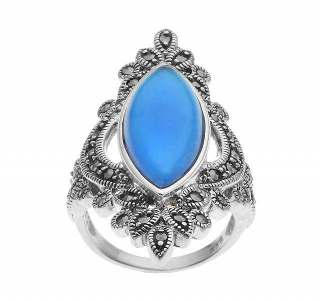 Silver Blue Agate & Marcasite Shield Ring-SZ 8: • Genuine blue agate & marcasite• Oxidized beading around the stones• Comfortable sheild design • Gleaming rhodium over fine sterling silver