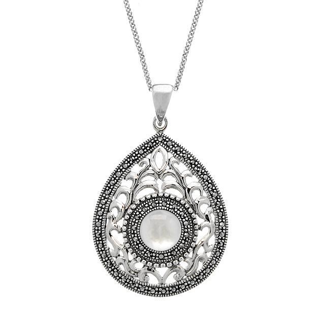 Sterling Silver Marcasite & MOP Teardrop Pendant: You will love the fascinating ever-changing iridescence of Addison Lane’s teardrop pendant necklace. Beautifully crafted in oxidized sterling silver and adorned with gorgeous white mother-of-pea