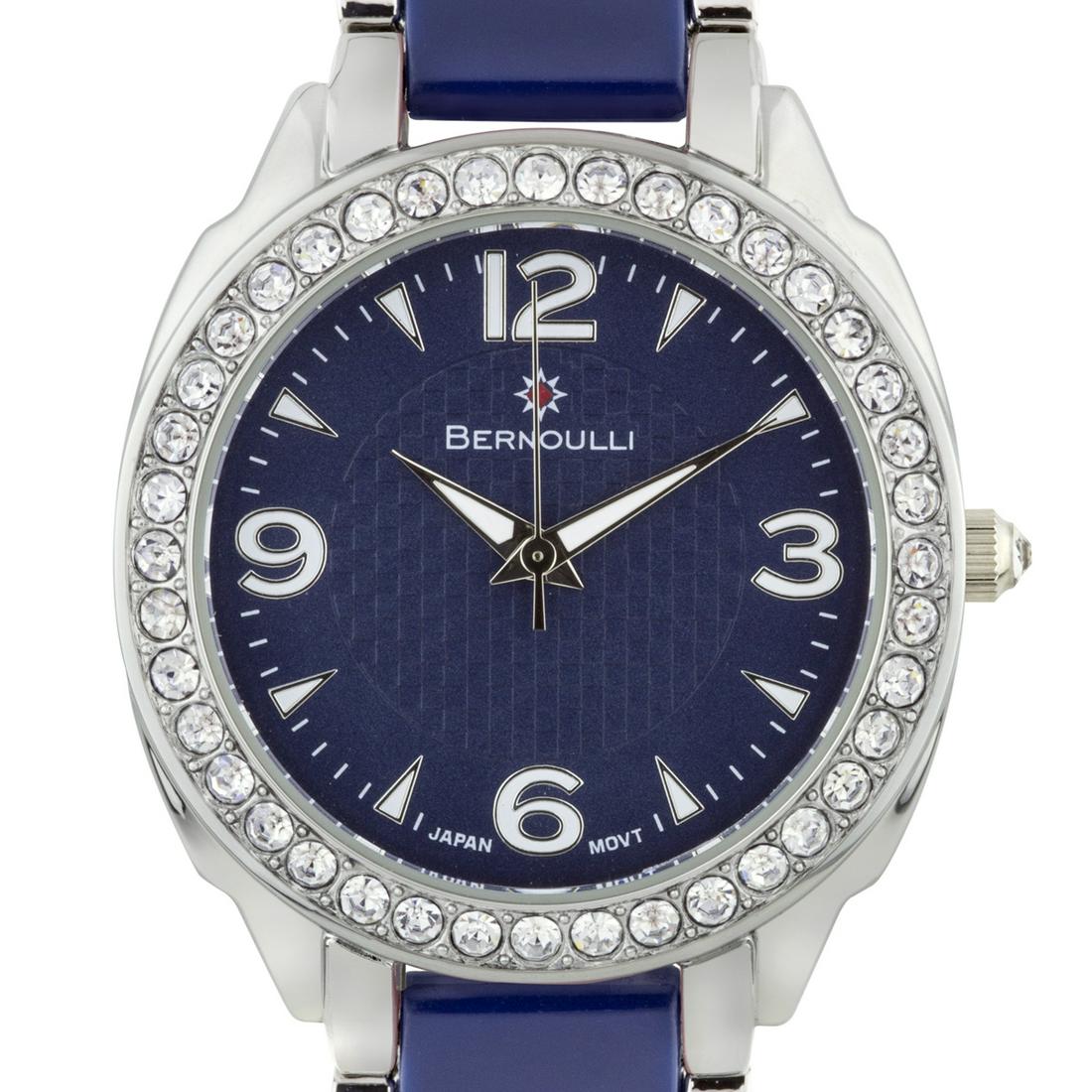 Bernoulli 39mm Case Crystal Bezel Ladies Watch: Silver Bracelet, Enamel Insert Stainless Steel Case Back and Buckle,Mirror Finish IP Metal Case and Bezel,Textured Dial with Luminesent Indicies Push/Pull Crown pushers