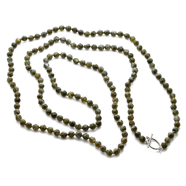 Sterling Silver Labradorite Bead Necklace 60": • Metal: Sterling Silver• Stone Information: Round full-drilled 7.5mm labradorites• Setting Type: Strung• Measurements: 60"L x 5/16"W• Secure Toggle Clasp• Disclaim