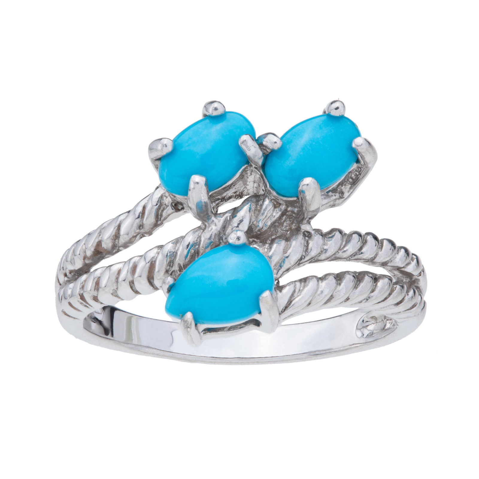 Silver Sleeping Beauty Turquoise 3 Stone Ring-SZ 6: Crafted from 925 sterling silver, this ring features one pear shaped and two oval shaped genuine Sleeping Beauty turquoise. You'll also find a split shank design with a double banded look with a twist