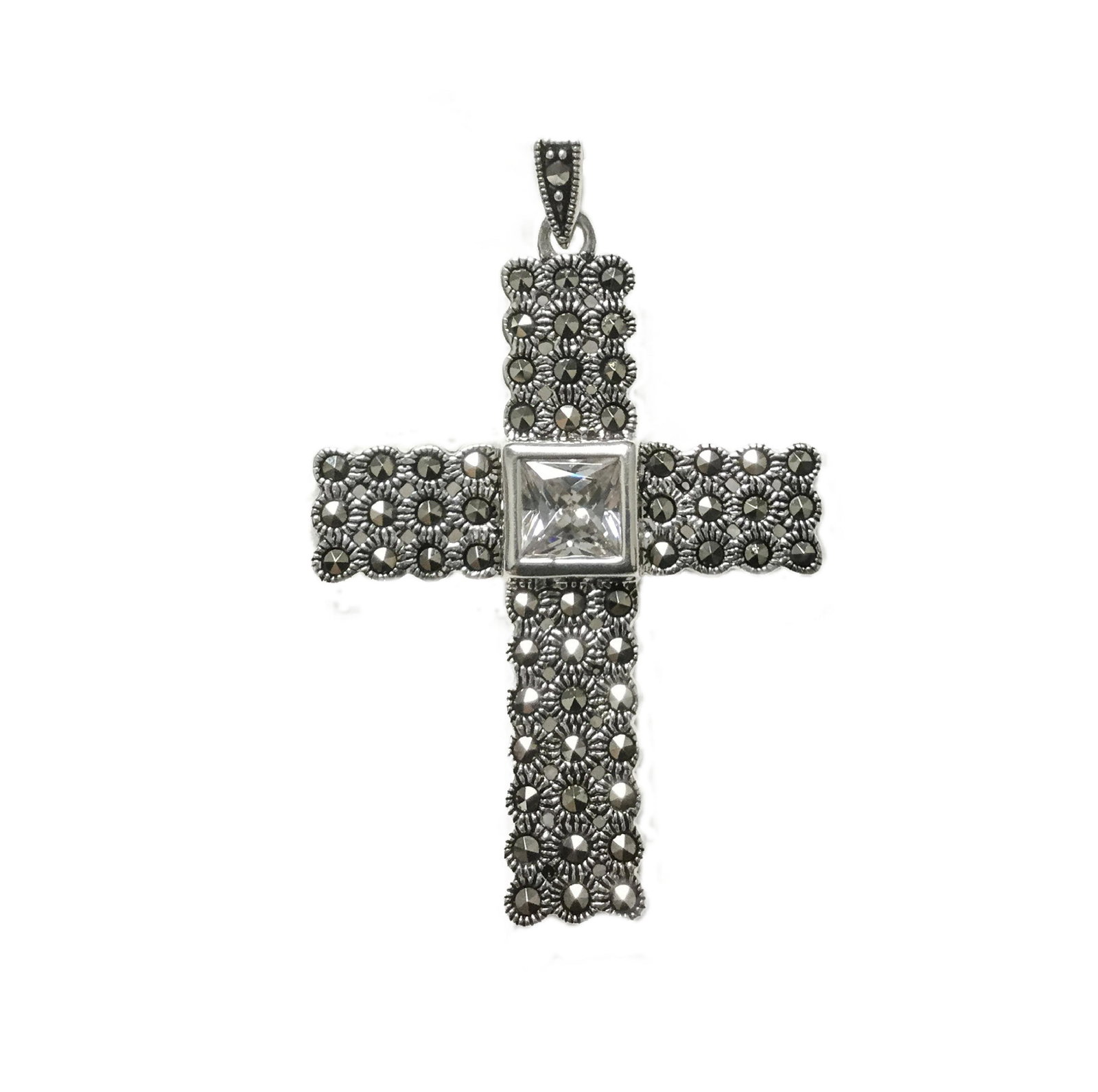 Sterling Silver Marcasite & CZ Cross Pendant: Addison Lane crafts a lovely pendant necklace embellished with sparkling pure white cubic zirconia and marcasite for your collection. From the Weekend Collection, this striking design adds a refreshin