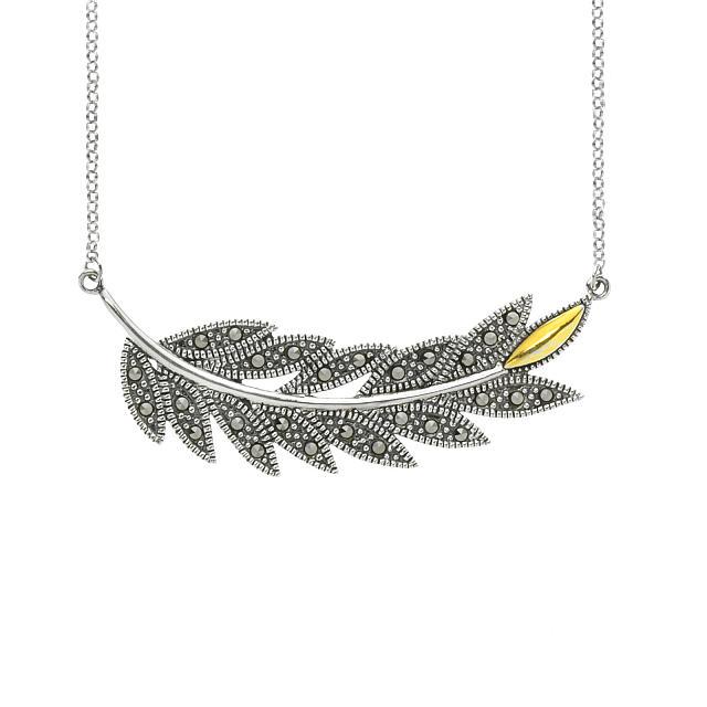 Sterling Silver Marcasite Feather Necklace: Light as a feather, but definitely not stiff as a board! Addison Lane’s charming feather pendant necklace is beautifully crafted in oxidized sterling silver accented with a lustrous bit of gold-