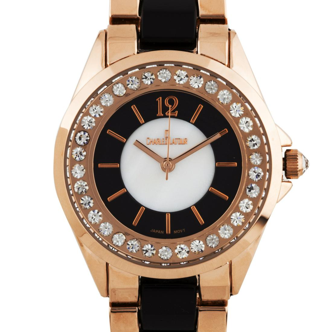 Charles Latour 34mm Case Pearlized Dial Watch: The Charles Latour has a sleek 34mm case with stunning Czech crystals surround the outer chapter ring. A mirror finish arabic numeral at 12, and a pearlized dial core compliment the variaty of colors 