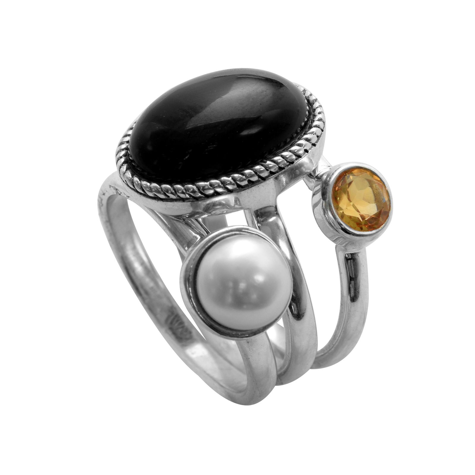 Set of Silver Onyx, Pearl & Citrine Ring-SZ 9 (1 of 1)