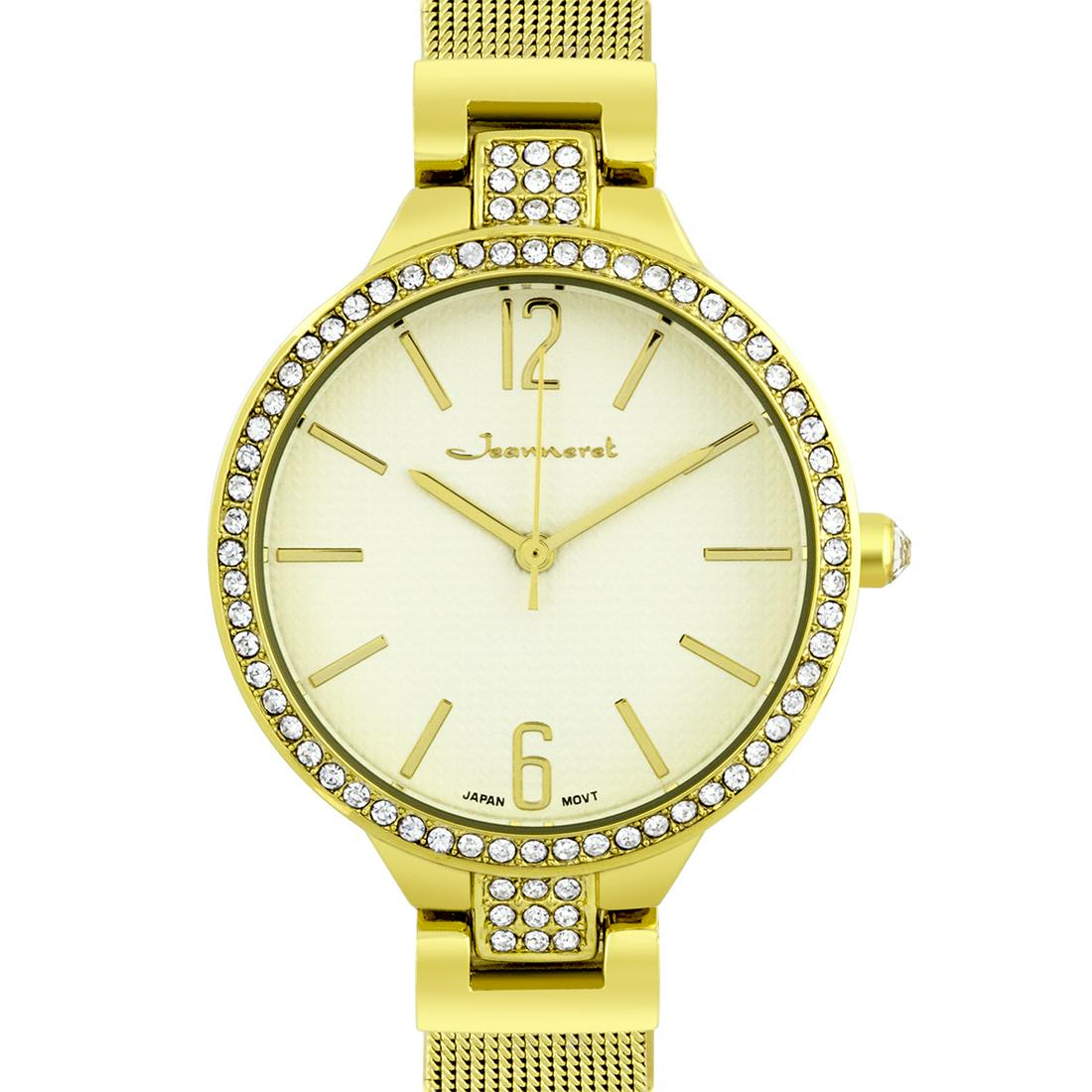 Jeanneret Luxury 34mm Case Mesh Band Ladies Watch: The Watch is a gorgeous addition to any women's watch collection. The textured dial design is accented with simple mirror polished hour markers and hands and shimmering Czech crystals going around the