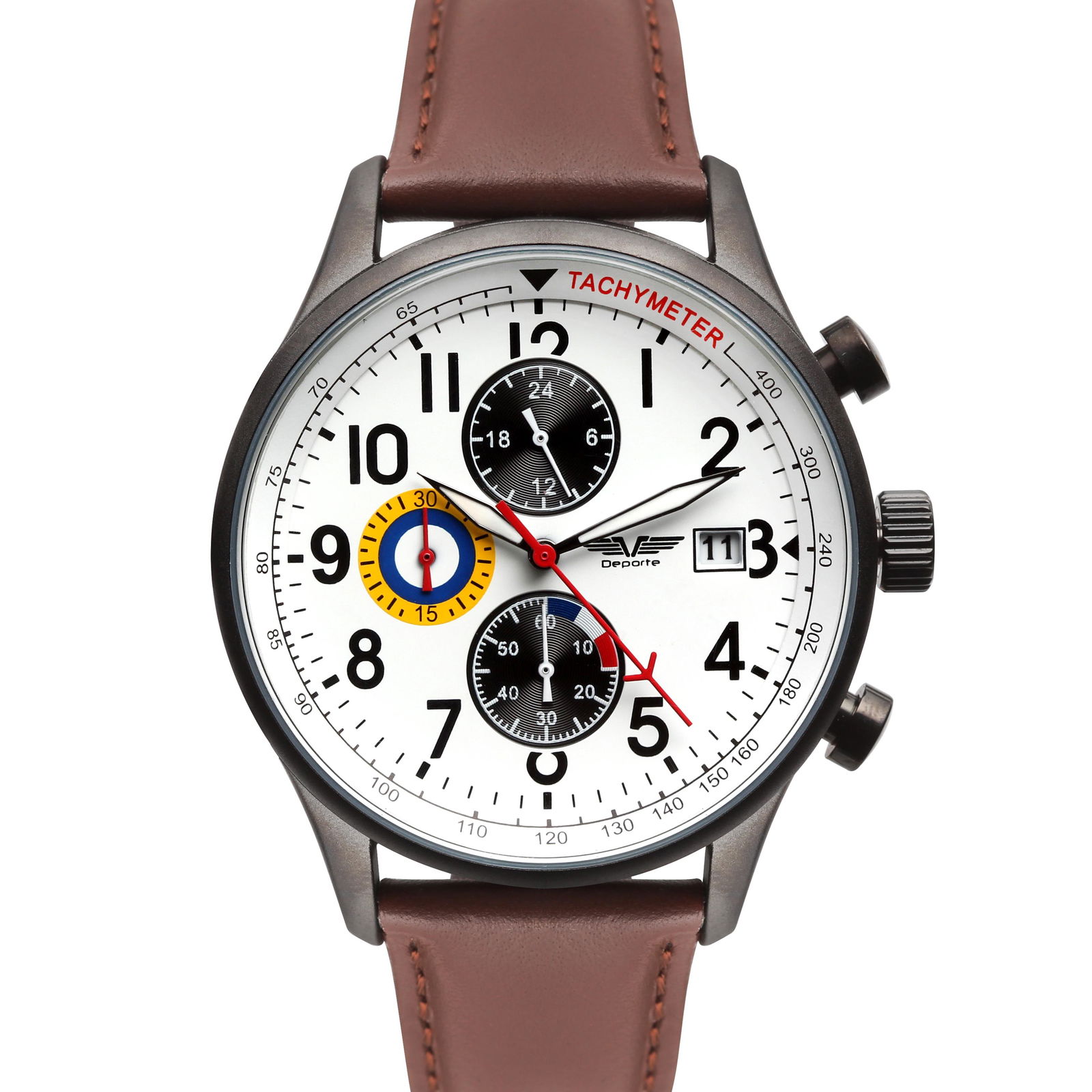 Deporte Spitfire Men's Chronograph 42mm Case Watch: The sporty Spitfire features Stainlesss Steel 42mm Diameter Case with Chronograph Tachymeter 3 Sub Dials, White Indices Date Magnification Lens White Dial, Gun Metal Case And Brown Branded Leather Str
