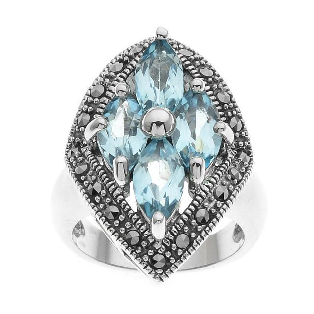 Silver Blue Topaz & Marcasite Shield Ring-SZ 9: Gorgeous color, an enduring vintage look and fine craftsmanship combine in this lovely shield from the Addison Lane Felicity Collection. Beautifully crafted in oxidized sterling silver, this striking 
