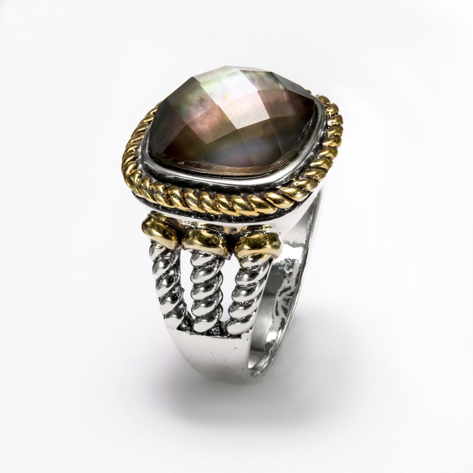 Silver Black MOP Clear Quartz Doublet Ring-SZ 7: • Genuine grey mother of pearl & clear quartz doublet• A cushion checkerboard cut 14mm• Rope texture around the bezel with split shank • Gleaming rhodium with 14k gold accents 