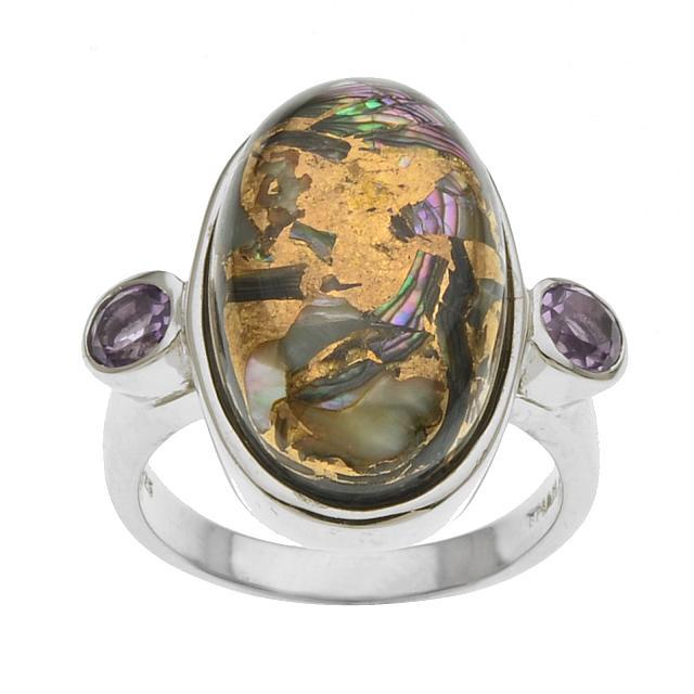 Silver Bronzed Abalone & Amethyst Ring-SZ 7: • Genuine bronze abalone & amethyst• 0.38ct amethyst• Oval cabochon at the center with gemstones one each side• Gleaming rhodium over fine sterling silver