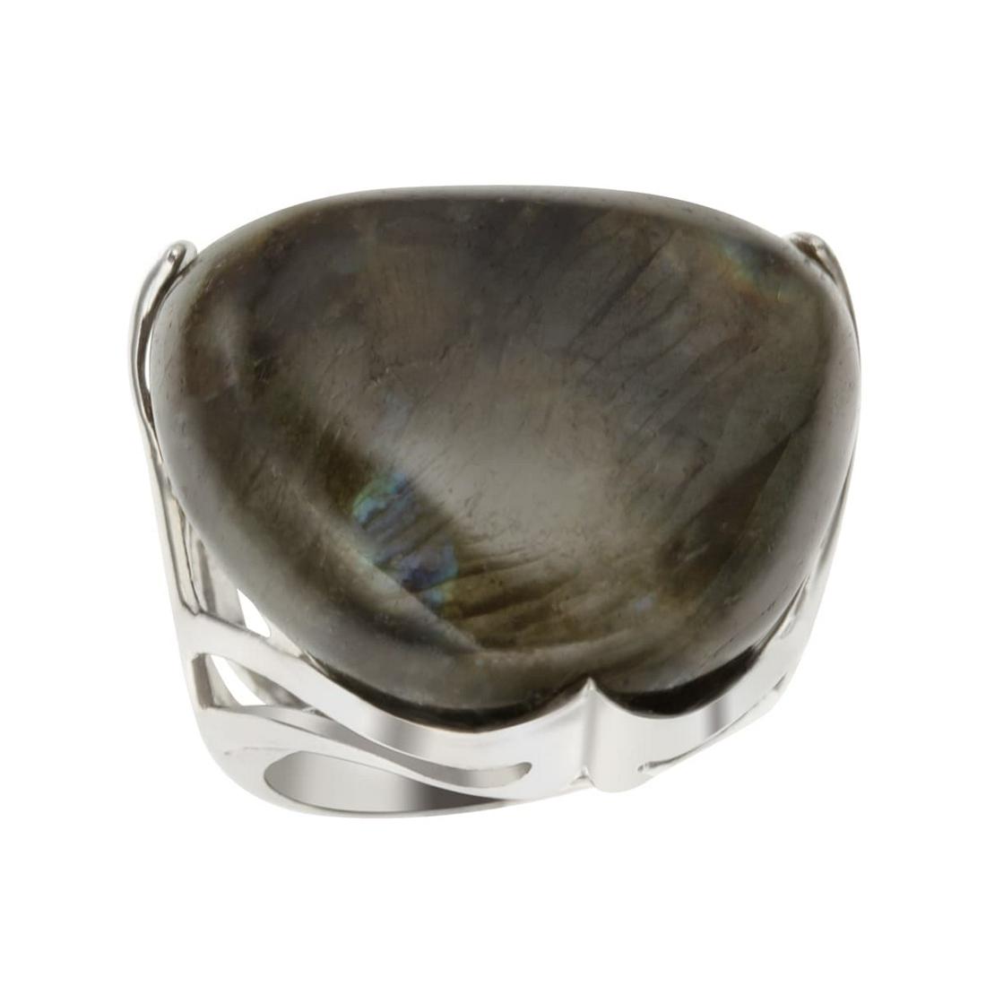 Silver Triangle Shaped Labradorite Ring-SZ 6: Crafted in polished rhodium over 925 sterling silver, this lovely ring captures the eye with one large triangular shaped labradorite gemstone at the center. Cut-out vine-inspired details with divergen