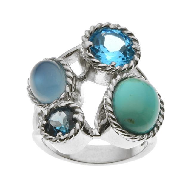 Silver Multi Gemstone Split Shank Ring-SZ 7: Metal: Rhodium over sterling silverStone Information:Compressed and Stabilized Turquoise: One oval 10 x 8mm cabochonDyed Blue Chalcedony: One oval 8 x 6mm cabochonLondon Blue Topaz: One round modified
