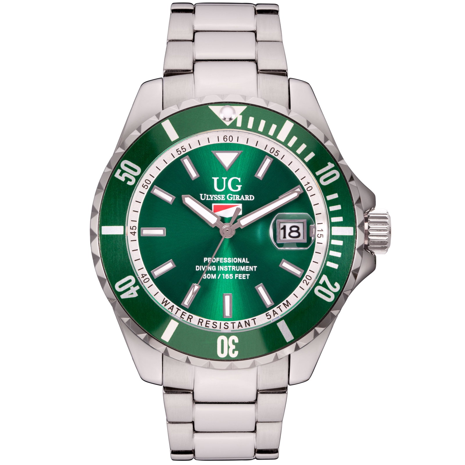 Ulysse Girard Men Sport Diver Green Dial 42mm Case: Colored Sunray Brushed Dial with large Luminous Rectangular Indicies at the Hour marks, Miyota 2315 Movement with Easy to Read Luminous Hour and Minute hands with Contrasting Colored Second Hand, Stai