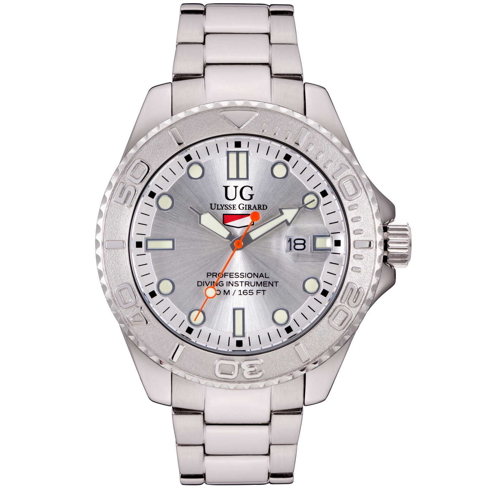 Ulysse Girard Mens Sport Diver Silver 42mm Case: Colored Sunray Brushed Dial with large Luminous Rectangular Indicies at the Quarter hours and Round Indicies elsewhere. Miyota 2115 Movement with Easy to Read Luminous Hour and Minute hands with Contr