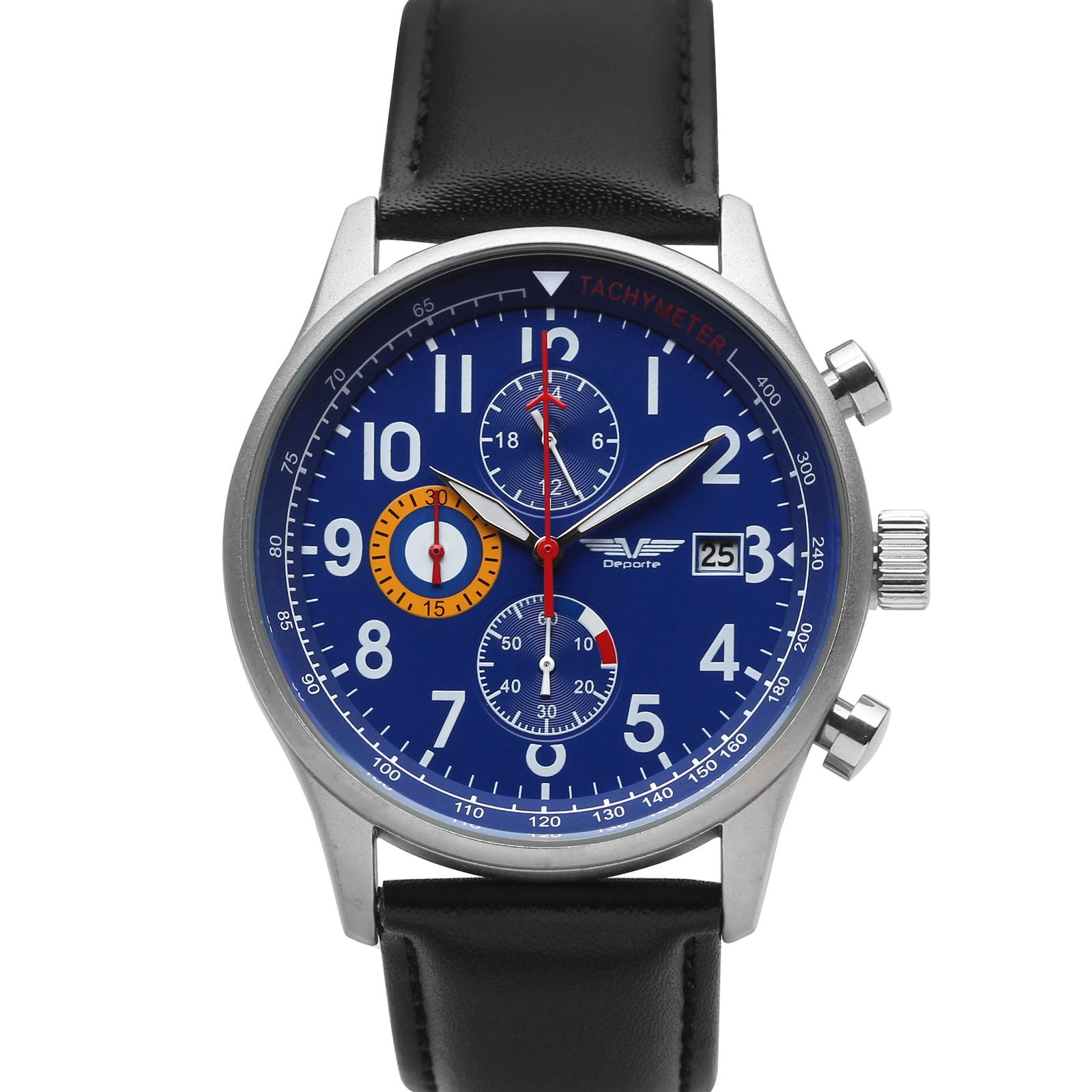 Deporte Spitfire Men's Chronograph 42mm Case Watch: The sporty Spitfire features Stainlesss Steel 42mm Diameter Case with Chronograph Tachymeter 3 Sub Dials, White Indices, Date Magnification Lens Blue Dial, Silver Tone Case And Black Branded Leather S