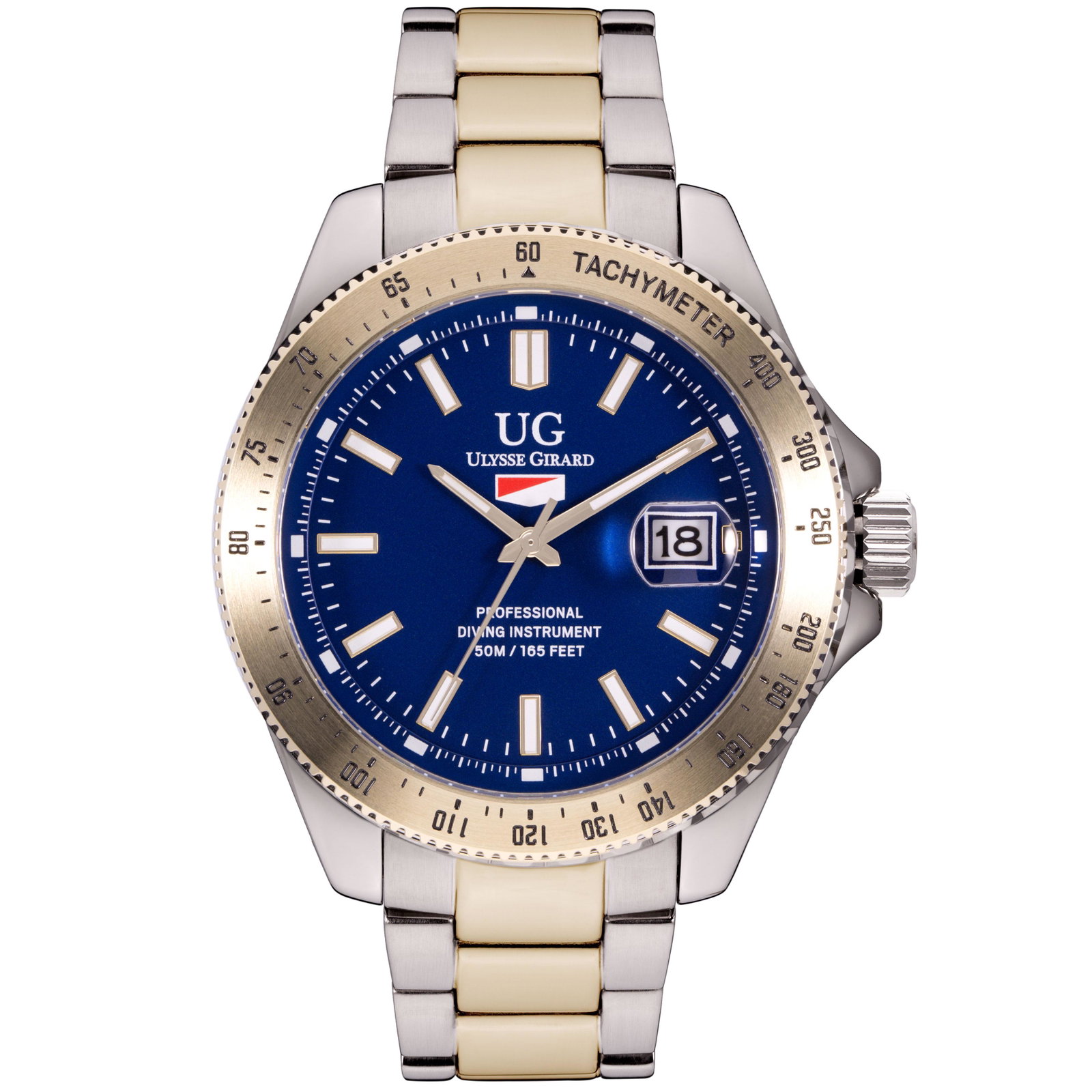 Ulysse Girard Mens Sport Diver Blue Dial 42mm Case: Flat Colored Dial with large Luminous Rectangular Indicies at the Hour Markers, Miyota 2315 Movement with Easy to Read Luminous Hour and Minute hands with Colored Second Hand, Stainless Steel Case wit