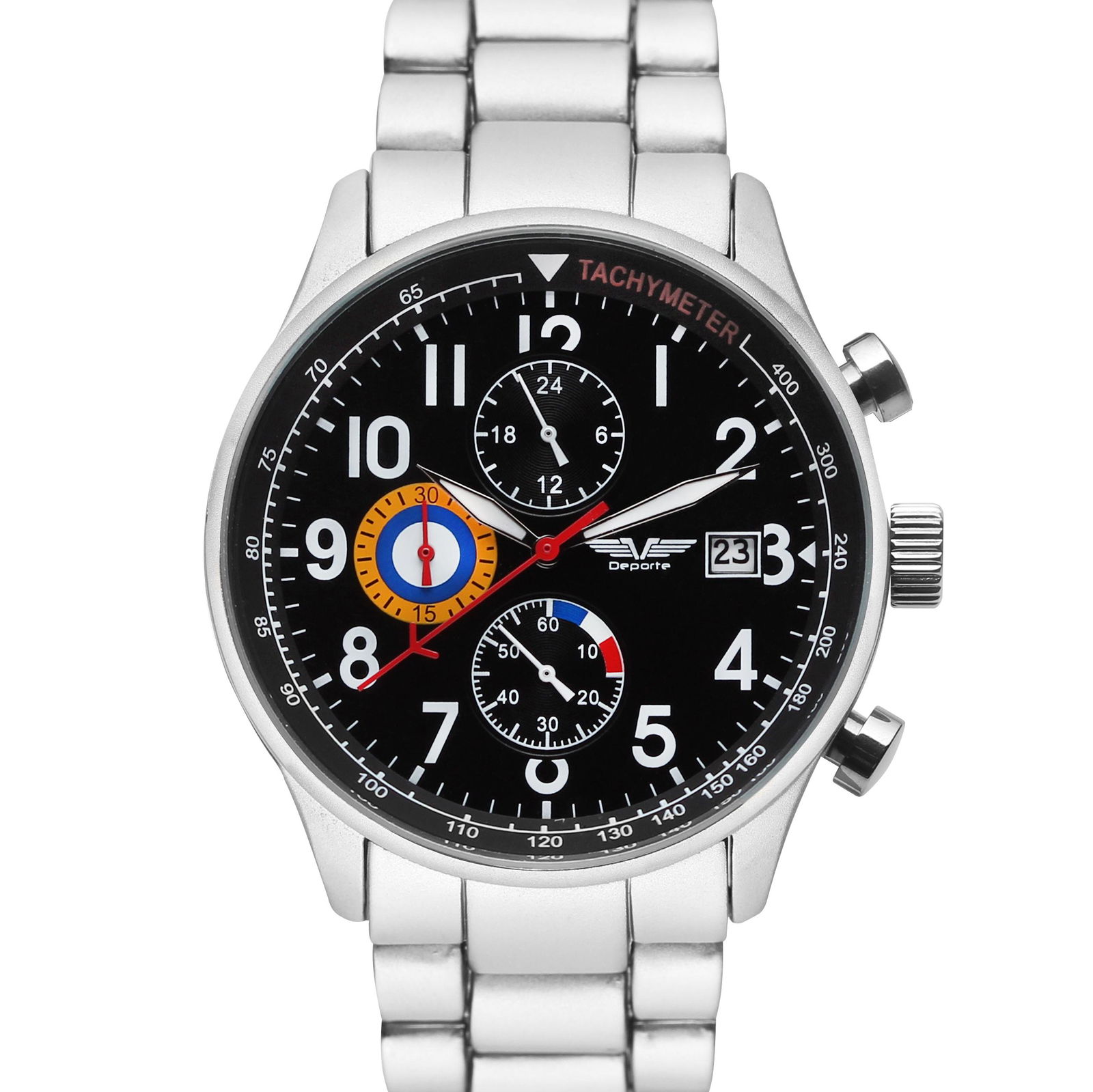 Deporte Spitfire Men's Chronograph 42mm Case Watch: The sporty Spitfire features Stainlesss Steel 42mm Diameter Case with Chronograph Tachymeter 3 Sub Dials, White Indices, Date Magnification Lens Black Dial, Silver Tone Case And Branded Bracelet Strap