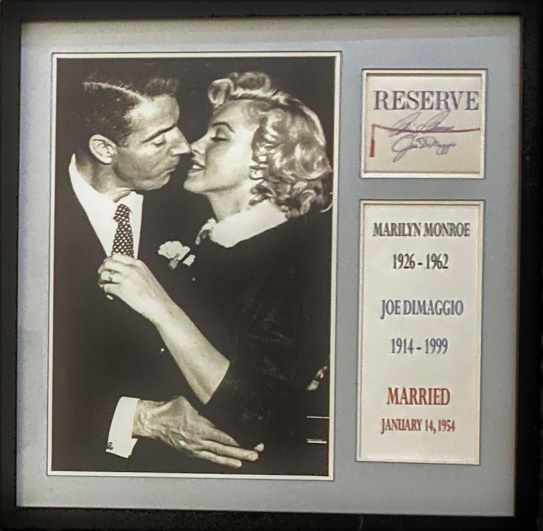 Marilyn Monroe and Joe DiMggio singed card: Marilyn Monroe (July 21, 1926 – August 4, 1962), Joe DiMaggio (Novvember 25, 1914 – March 8, 1999). 3 ½ x 4 signed Table Reervation Card. Both signed boldly with blue ball point pen.