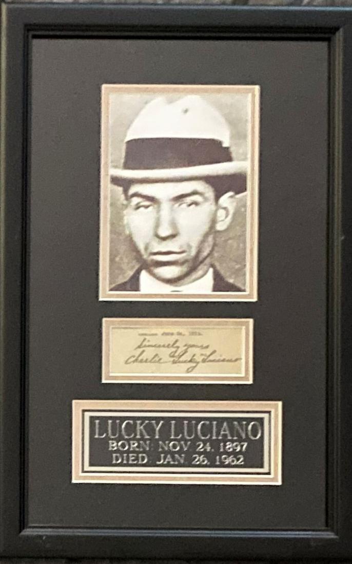 Charles Lucky Luciano 12x19 Custom Framed: Charlie ‘Lucky’ Luciano (November 24, 1897-January 26,1962). 1 ½ x 4 Clipped Signature signed boldly in black ink. Matted and Framed with a 4 ½ x 6 ¾ Black and White Photogr