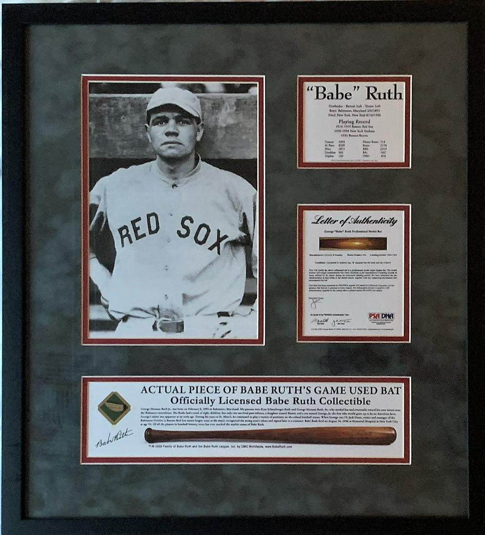 Babe Ruth Boston Red Sox Showcase Box: Babe Ruth (February 6, 1895 – August 16, 1948). 1 x 1 Cut of an actual piece of Babe Ruth’s Game Used Bat. Matted and Framed with a 6 ½ x 10 Black and White Photograph of Bae Ruth in