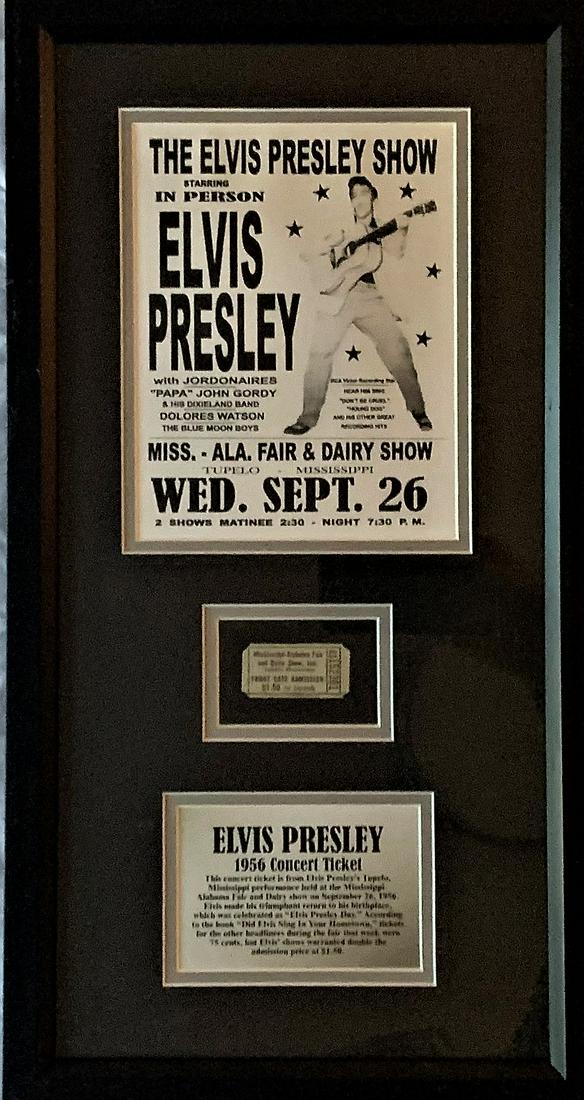 Elvis Presely 1956 Concert Ticket Showcase: Elvis Presley (January 8, 1935 – August 16, 1977). Mississippi-alabam Fair and Dairy Show, Inc. Tupelo, Mississippi, Front Gate Admission $1.50 Ticket number 83152381. Show was on September 26, 