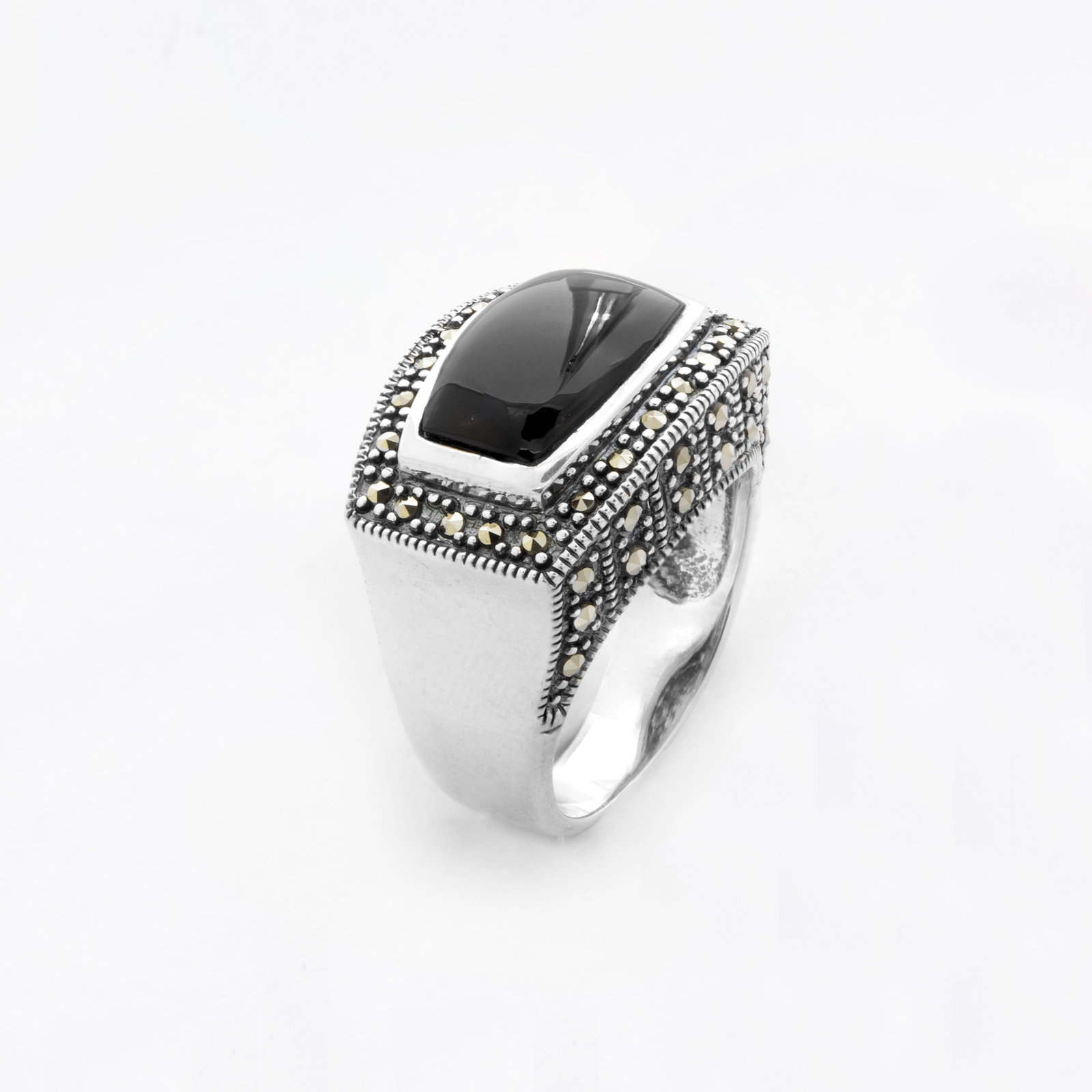 Sterling Silver Black Onyx & Marcasite Ring-SZ 5: Metal: Rhodium over sterling silverStone Information:Black Onyx InlayMarcasite: round cut 1mmMeasurement: 16mm L x 22mm W x 10mm H Country of Origin:Thailand