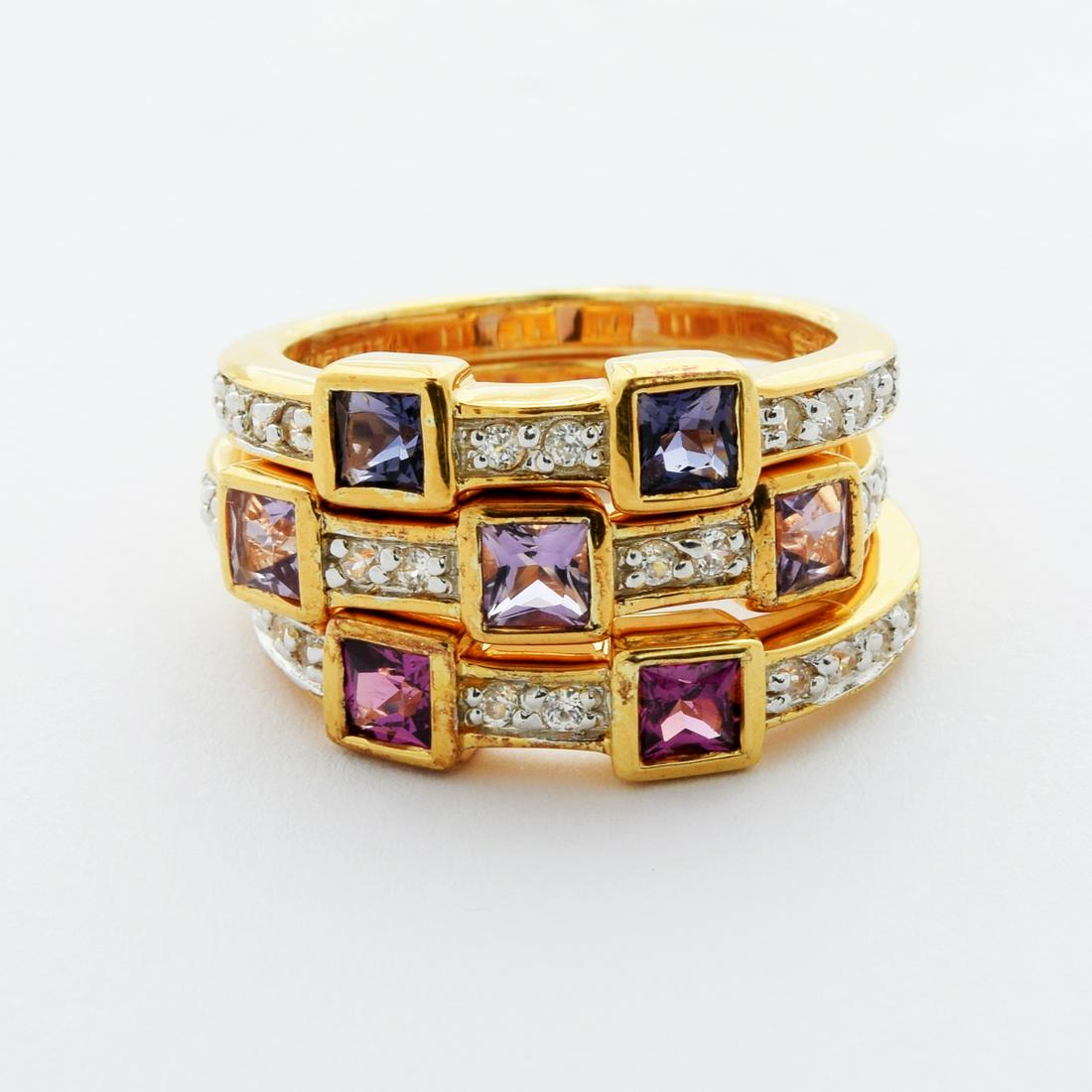 SS/18K Vermeil Multi Gemstones Stackable Ring-SZ10: • Genuine iolite, amethyst, rhodolite garnet and white zircon• Three layered Stackable ring• 18k gold vermeil over fine sterling silver
