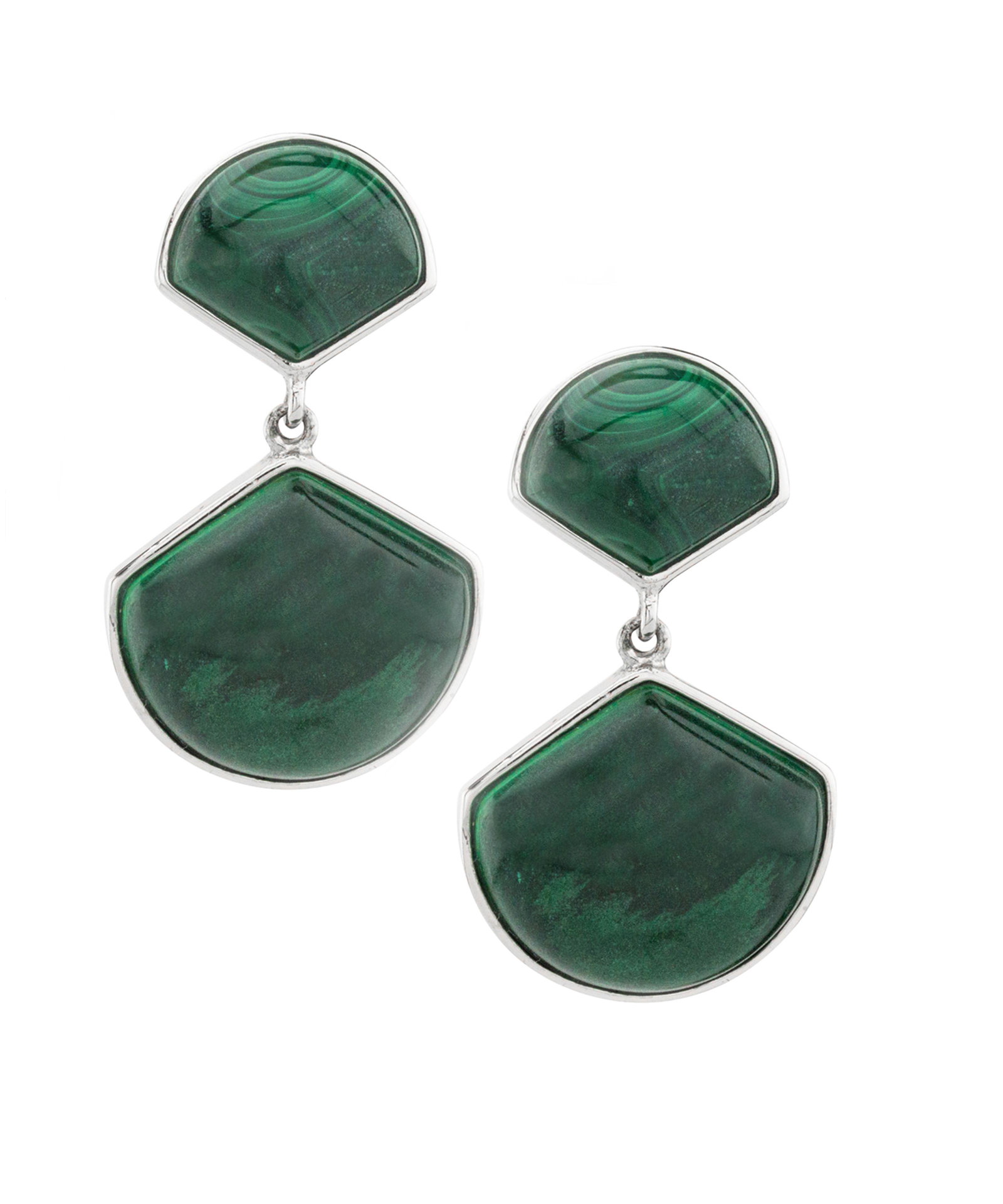 Sterling Silver Malachite Fan Drop Earrings: Each finely crafted sterling silver earring in this lovely pair features one large fan-shaped Malachite cabochon on the dangling drop and one smaller one on the post. Splash your favorite looks with s