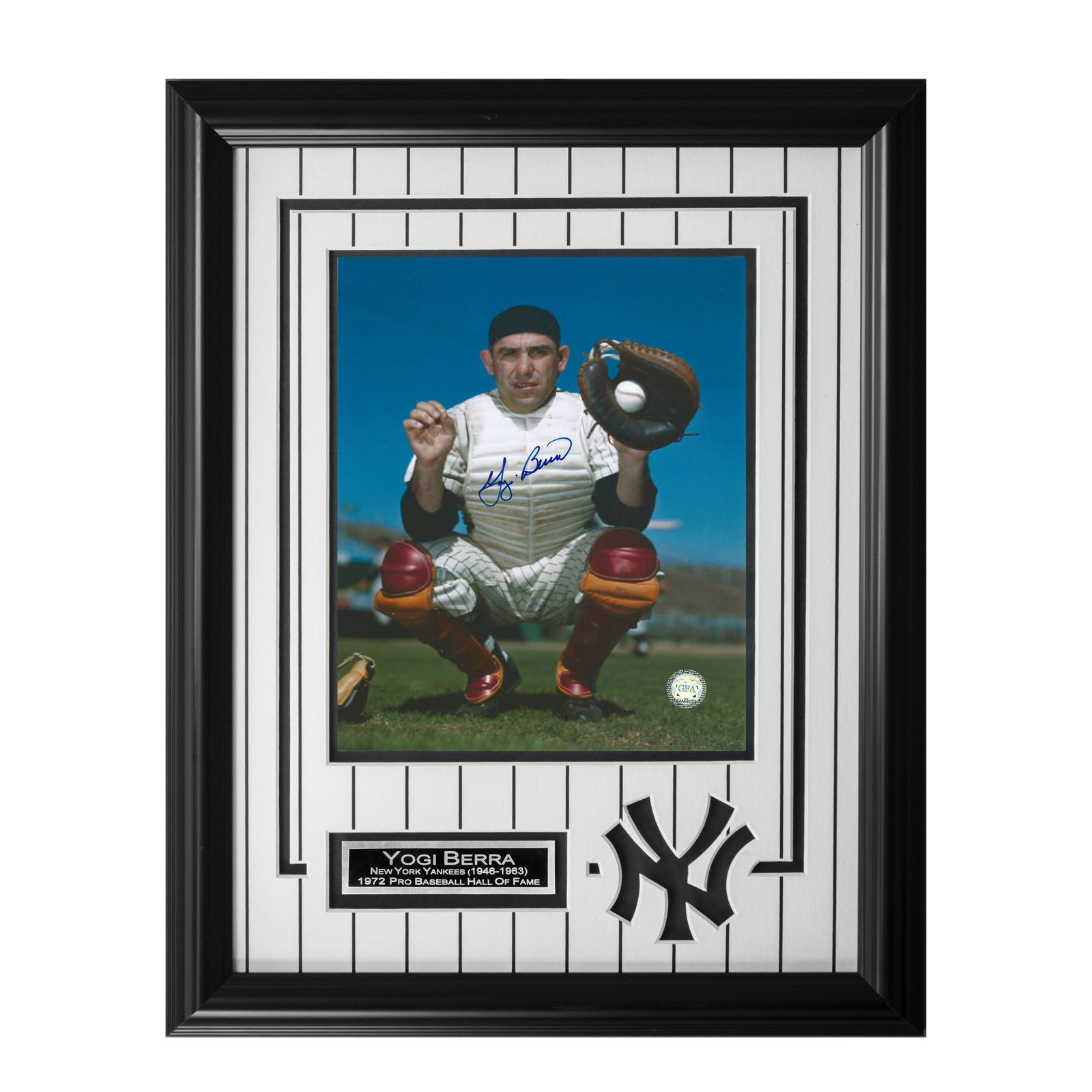 Yogi Berra New York Yankees 12x16 Signed 8x10v GFA: Lawrence Peter "Yogi" Berra (May 12, 1925 – September 22, 2015) was an American professional baseball catcher, manager, and coach who played 19 seasons in Major League Baseball (MLB) (1946–