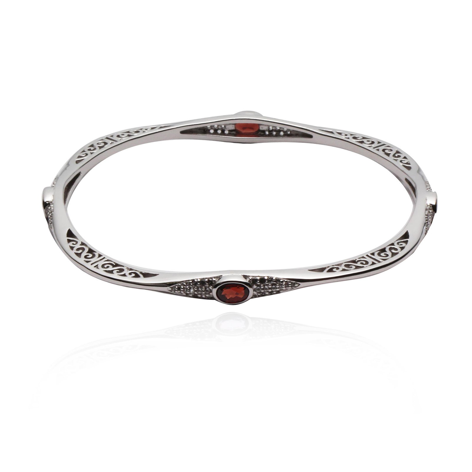 Sterling Silver Garnet Stackable Bangle: • Stone: Garnet • Stone Color: Red• Accent Stone: Cubic Zirconia • Gleaming rhodium over fine sterling silver• Disclaimer: Gemstones may feature inclusions or imperfectio