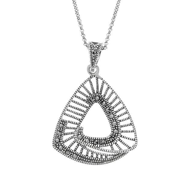 Silver Marcasite Open-Metalwork Triangular Pendant: This refreshing open metalwork design from the Addison Lane Weekend Collection creates a light, breezy accent perfect for an active weekend of fun. Beautifully crafted in oxidized sterling silver, the
