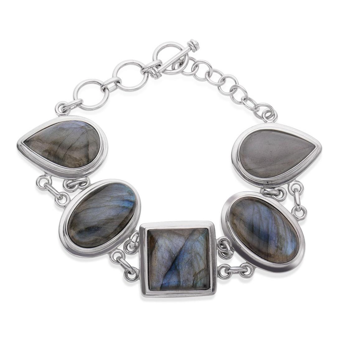 Sterling Silver Labradorite Toggle Bracelet 8.5": Crafted from 925 sterling silver and plated with rhodium, this irredescent laboradorite double-linked framed station bracelet, comes together in an alternating design with pear, oval and square shaped