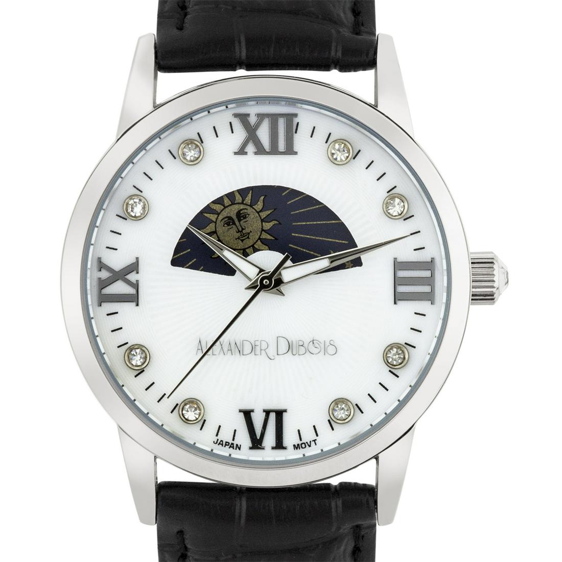 Alexander Dubois 38mm Case Moon Phase Dial Watch: Constructed with a classic ion plated metal case and bezel, the dial features a unique animated AM/PM indicatorBlack, Analog, Casual, Fashion, Stainless Steel and leatherDial Color: Mother of Pearl, W