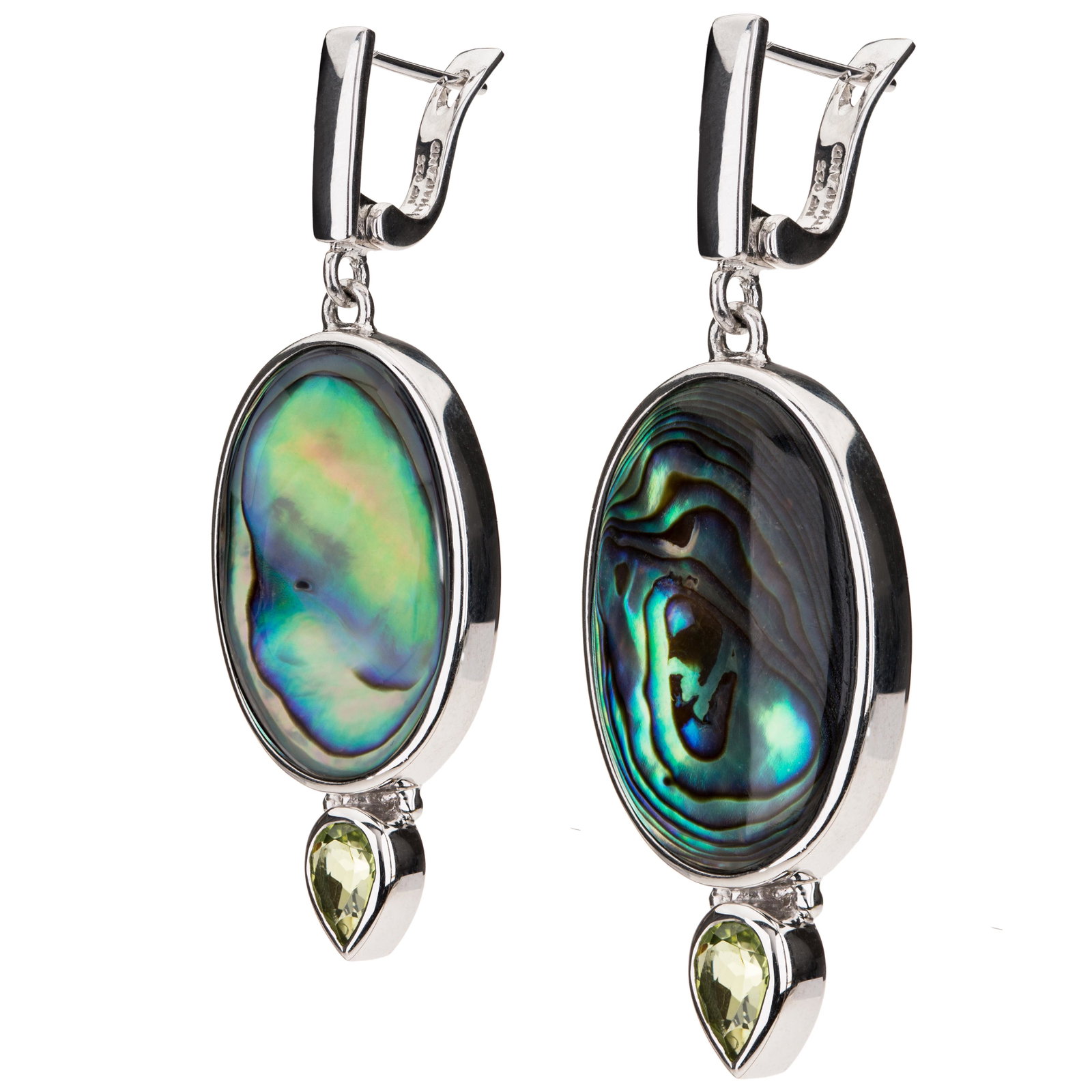 Sterling Silver Abalone & Peridot Drop Earrings: Each finely crafted Sterling Silver earring showcases a large oval Abalone cabochon with one pear cut Peridot just below it. Latch backs connect with ease to get you on your way quick. So break out yo
