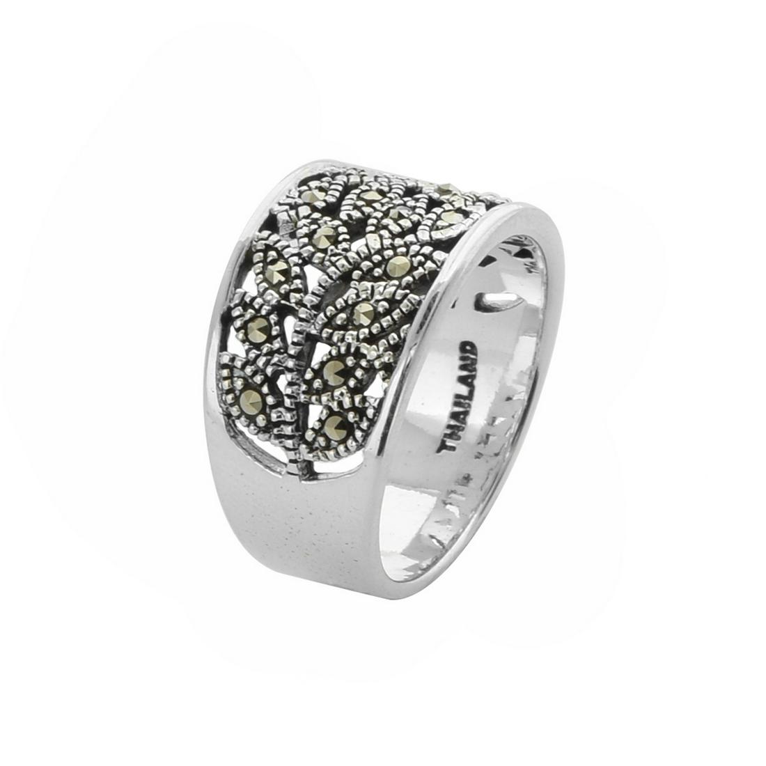 Sterling Silver Marcasite Leaf band Ring-SZ 7: Addison Lane styles a lovely band from the Weekend Collection that is as free-spirited as you are. Beautifully crafted in fine 925 sterling silver with a lovely oxidized finish, this impressive band i