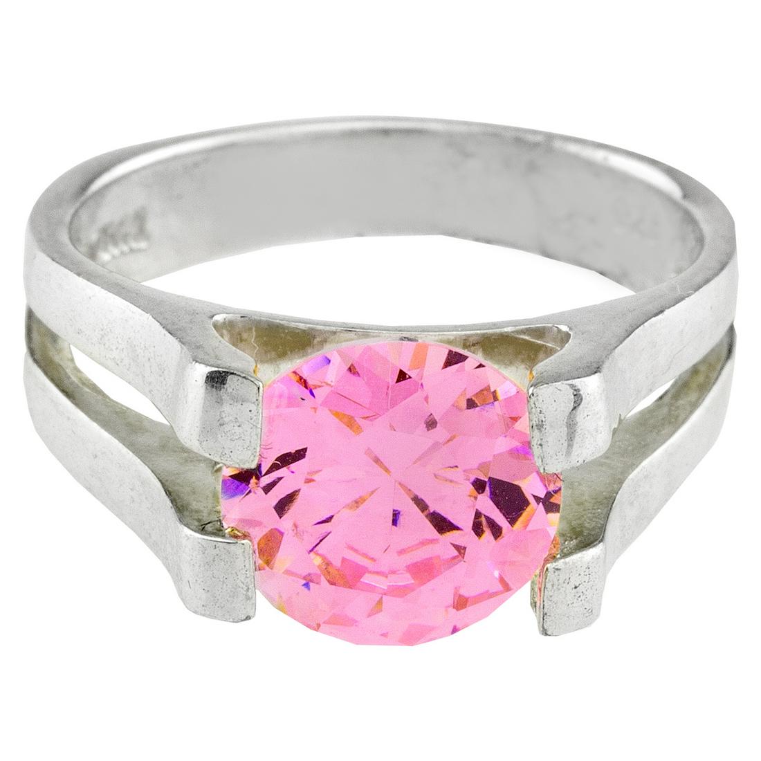Sterling Silver Round Cut Ring-SZ 5: • Stone: Cubic Zirconia • Color: Bubble Gum Pink• Size: 5• Stone Dimension: Round-8.5mm• Metal: Sterling Silver• Disclaimer: Gemstones may feature inclusions or imp