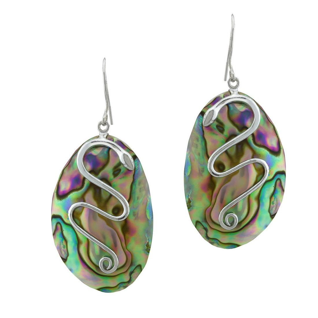 Sterling Silver Oval Abalone Snake Drop Earrings: Each finely crafted Sterling Silver earring features a thin cut Genuine Oval Abalone Shell cabochon dangling from a French hook. Very lovely, but the real creative focus arrives in the form of a slith