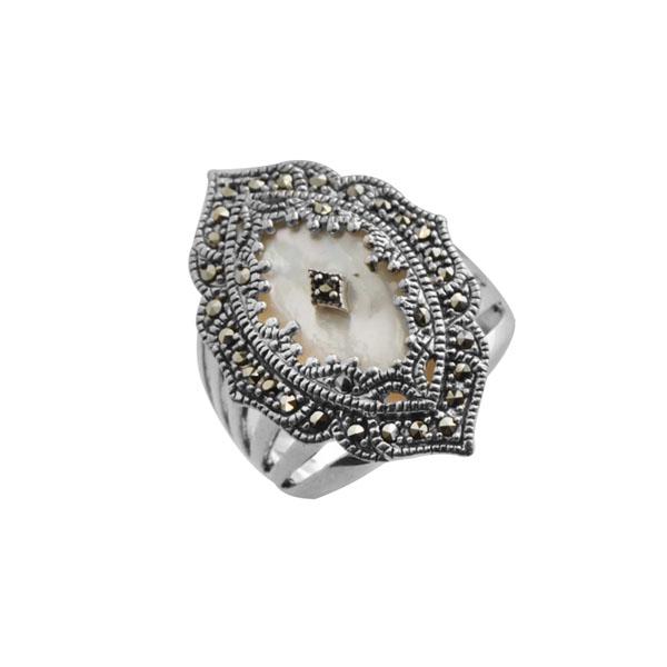 Sterling Silver White MOP & Marcasite Ring-SZ 5: • Genuine white mother of pearl & marcasite• Setting: Prong/ Adhesive• Measurement: 30mm L x 22mm W x 9mm H • Gleaming rhodium over fine sterling silver• Disclaimer: Gems