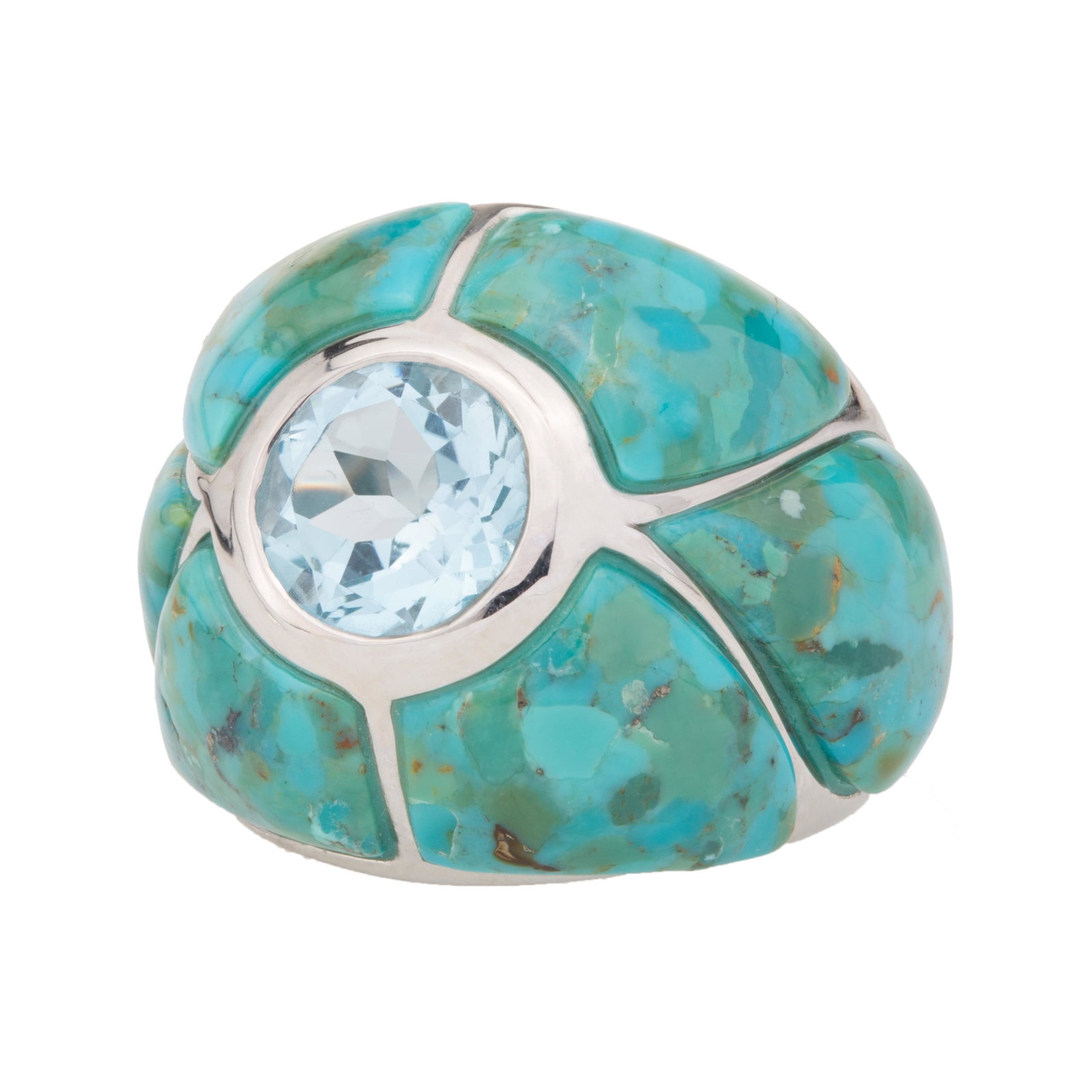 Silver Turquoise & Sky Blue Topaz Dome Ring-SZ 8: One round shimmering genuine sky blue topaz glistens at the center of this large sterling silver ring. Freeform shaped turquoise cabochons create an armored shell framing the featured stone and establ