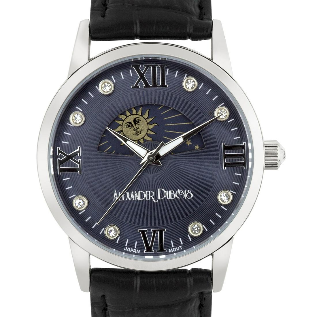 Alexander Dubois 38 mm Case Moon Phase Dial Watch: Constructed with a classic ion plated metal case and bezel, the dial features a unique animated AM/PM indicatorBlack, Analog, Casual, Fashion, Stainless Steel and leatherDial Color: Silver, Black with