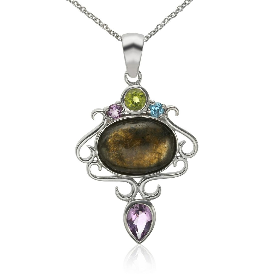 Sterling Silver Labradorite & Gemstones Pendant: Crafted in polished sterling silver, this charming pendant features one oval labradorite cabochon at the center surrounded by four contoured cut-out scroll shapes. One pear cut amethyst pointing downw
