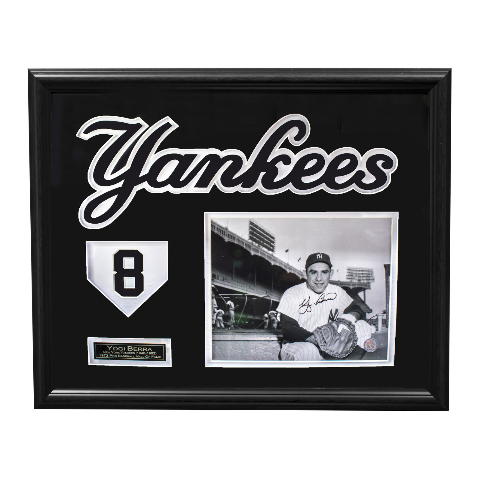Yogi Berra New York Yankees 20x16 Signed 8x10v GFA: Lawrence Peter "Yogi" Berra (May 12, 1925 – September 22, 2015) was an American professional baseball catcher, manager, and coach who played 19 seasons in Major League Baseball (MLB) (1946–