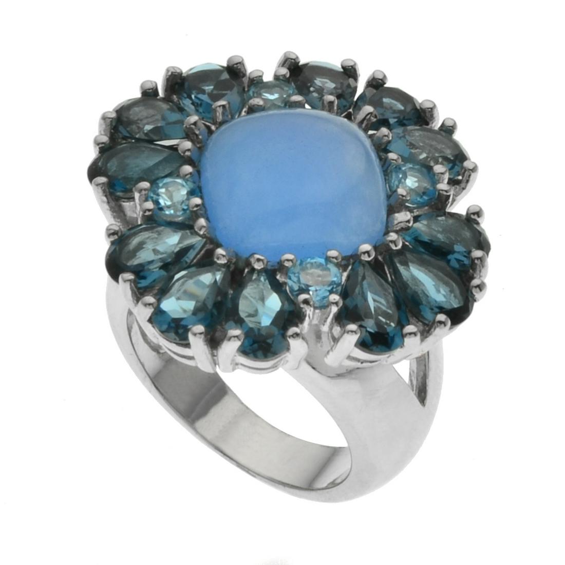 Silver Blue Jade & London Blue Topaz Ring-SZ 9: Make a lasting impression with this striking design from the Pangea Mines Royale Collection. Beautifully crafted with a detailed setting in gleaming anti-finish rhodium over fine sterling silver and a