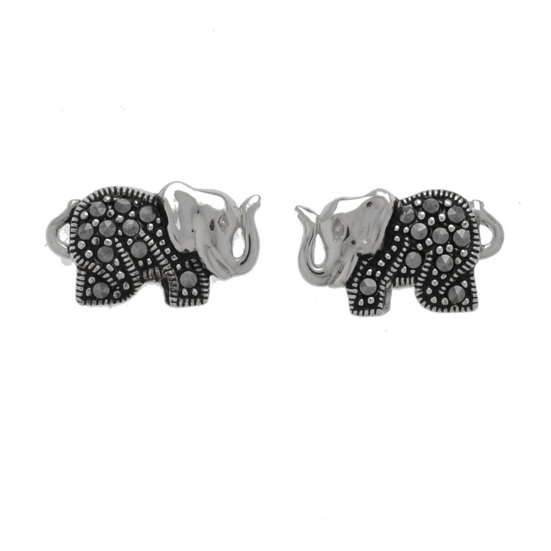 Sterling Silver Marcasite Elephant Stud Earrings: • Genuine marcasite• Measurement: 17mm L x 10mm W x 4mm H • Comfortable butterfly clasp• Gleaming rhodium over fine sterling silver