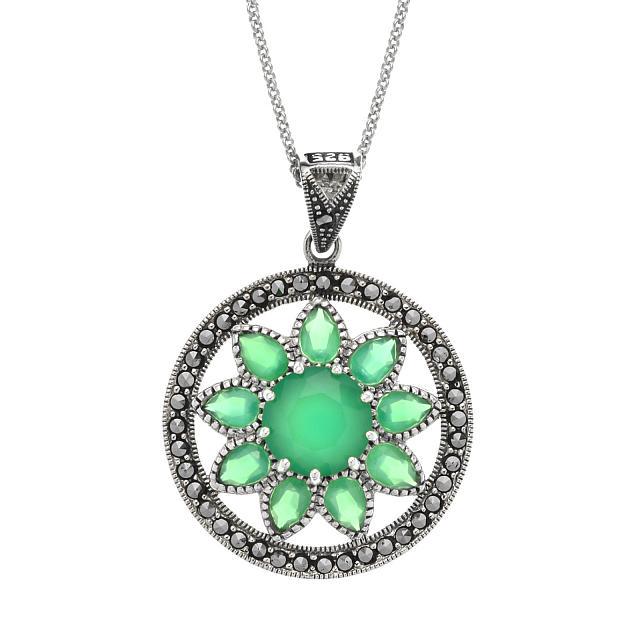 Silver Green Agate and Marcasite Flower Pendant: Metal: Rhodium over sterling silverStone Information:Green Agate: round cut 11mm and pear cut 6x4mm Marcasite: round cut 2.5mm Setting Type: ProngMeasurements:Pendant: 45mm L x 32mm W x 9mm HChain: 18