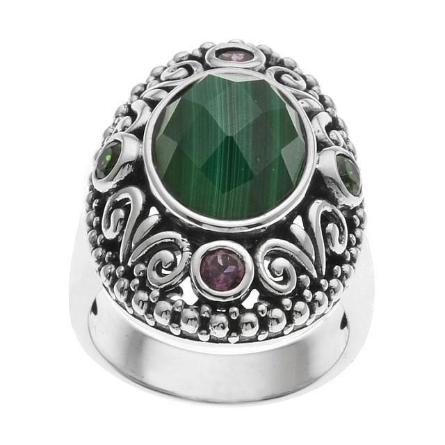Silver Malachite & Gemstones Bali Style Ring-SZ 7: Make a lasting impression with this lovely design from the Addison Lane Bali Weekend Collection. Beautifully crafted in oxidized sterling silver and adorned with gorgeous malachite complemented by rho