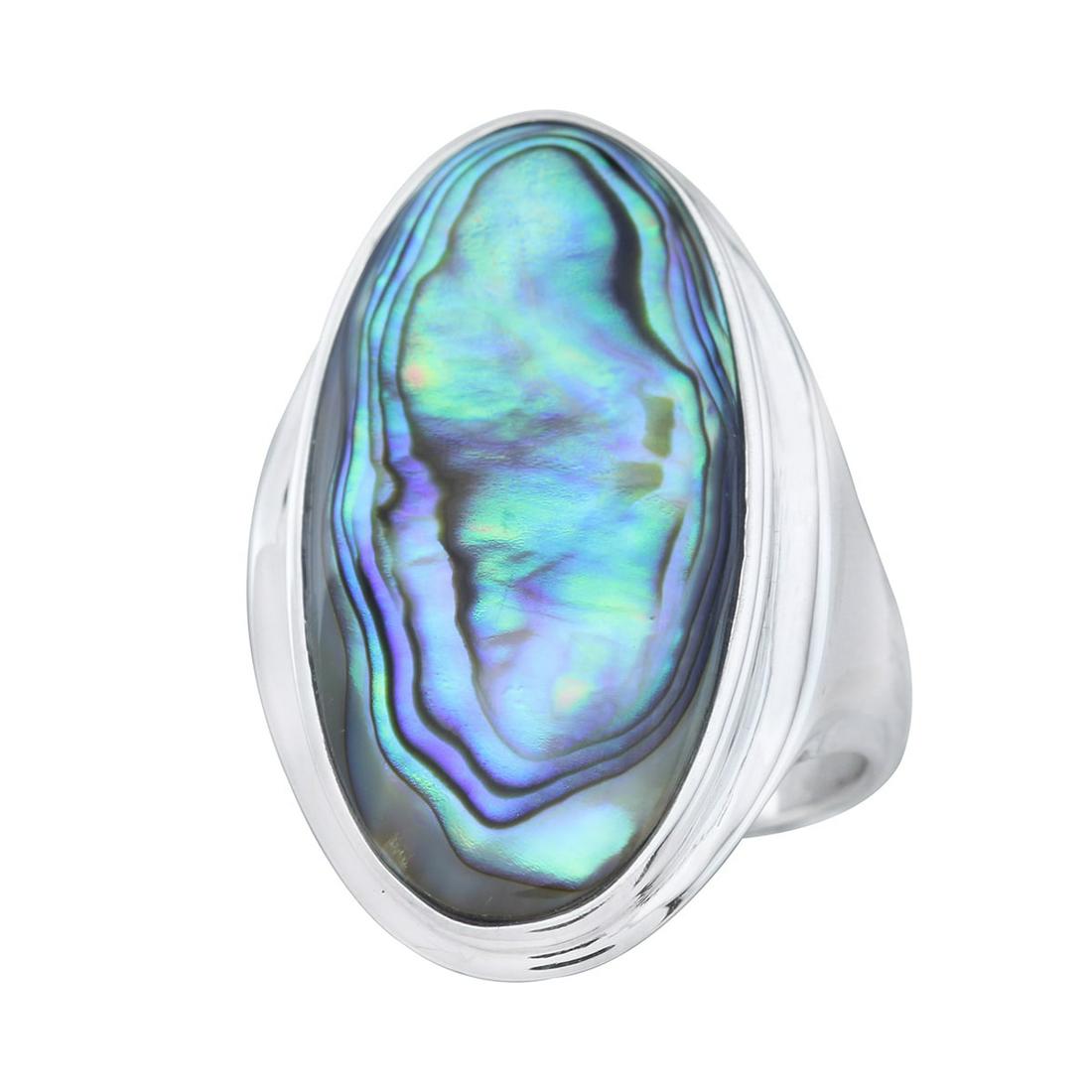 Sterling Silver Oval Abalone Elongated Ring-SZ 6: The alluring genuine Abalone Shell is dramatically featured in this simple yet sophisticated elongated oval design. Crafted from 925 Sterling Silver and plating in rhodium for anti- tarnishing. Simply