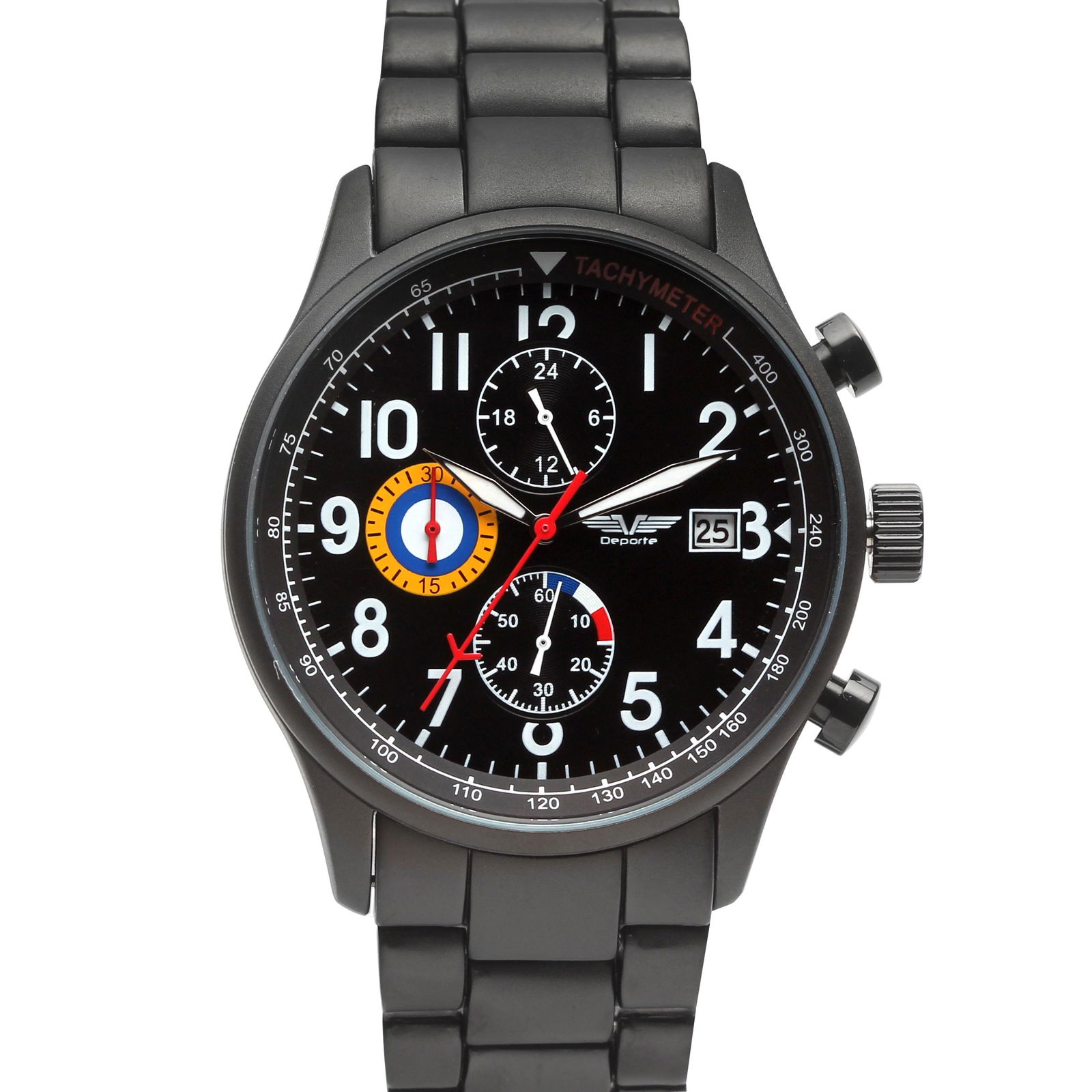 Deporte Spitfire 42mm Case Men's Chronograph Watch: The sporty Spitfire features Stainlesss Steel 42mm Diameter Case with Chronograph Tachymeter 3 Sub Dials, White Indices, Date Magnification Lens Black Dial, Gun Metal Case And Gun Metal Branded Leathe