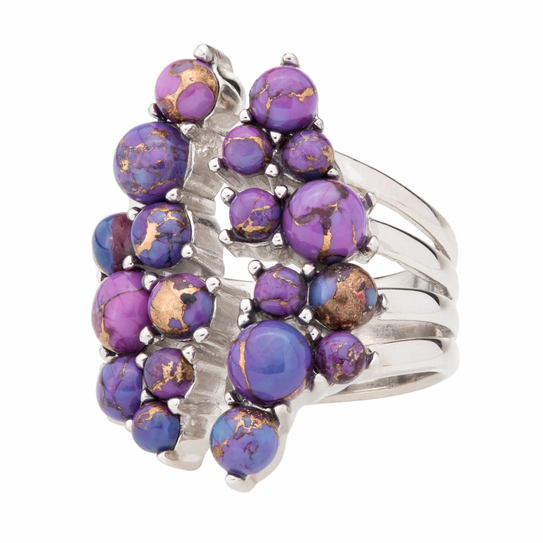 Silver Purple Mohave Turquoise Cluster Ring-SZ 7: Brilliant Purple Mohave Turquoise cabochons artfully cluster together in a playful bubble like pattern evoking a light and flirty feel. Like a mohave desert canyon The golden matrix of the green mohav